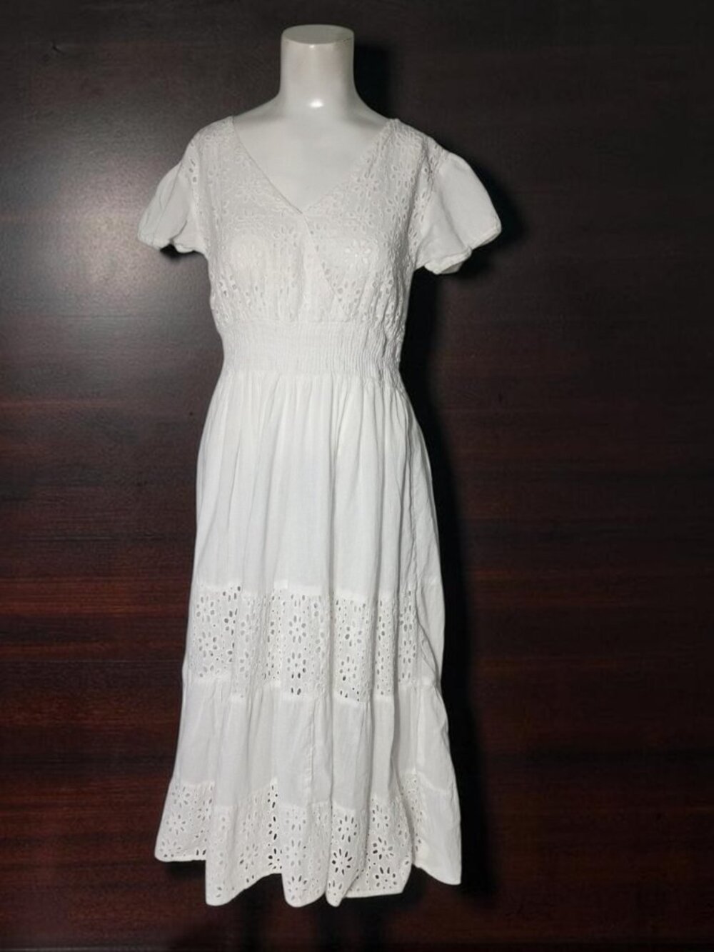 Signature JMB Eyelet Lace Tiered Cotton Midi Dress S White Babydoll Cottagecore